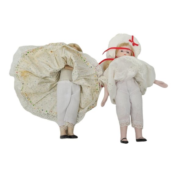 Vintage Porcelain Dolls 7 3/4" Alpine Floral Dress Holiday Eyelet Holly Berries - Picture 6 of 12